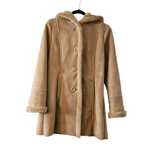 Vintage St. John’s Bay Womens SM Faux Suede Faux Fur Penny Lane Coat Tan Hooded